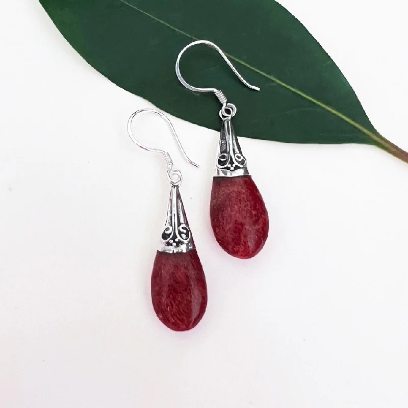 Red Coral Filigree Earrings - Sterling Silver, Indonesia