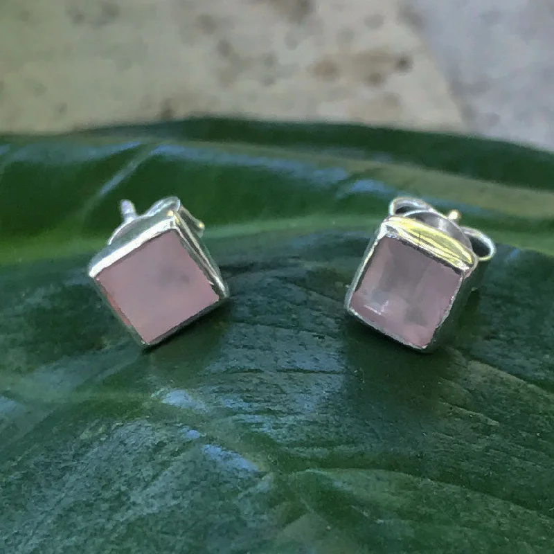 Rose Quartz Studs, Sterling Silver, India