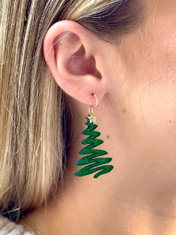 Zig Zag Glitter Christmas Tree Earrings - Green