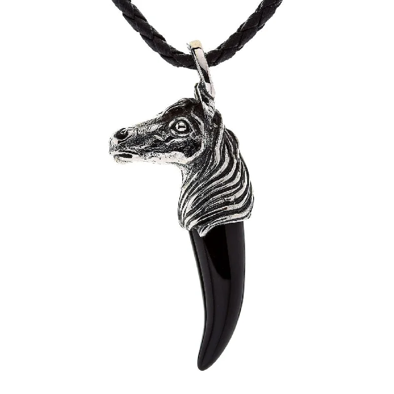 Black Onyx Fang Tusk Horse Sterling Silver Pendant Necklace