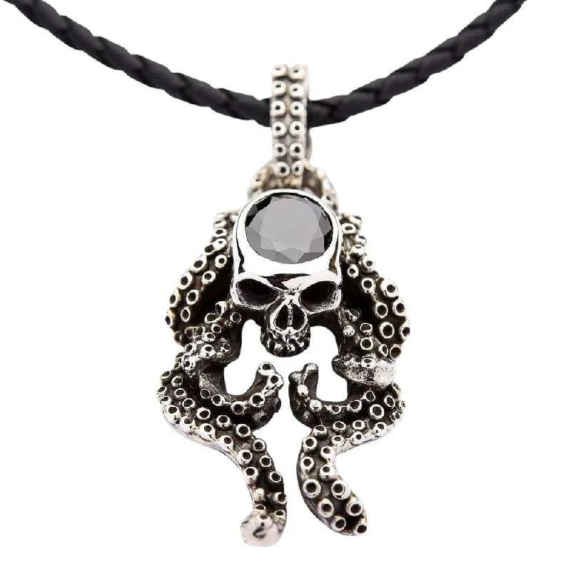 Black Onyx Octopus Skull Sterling Silver Gothic Pendant