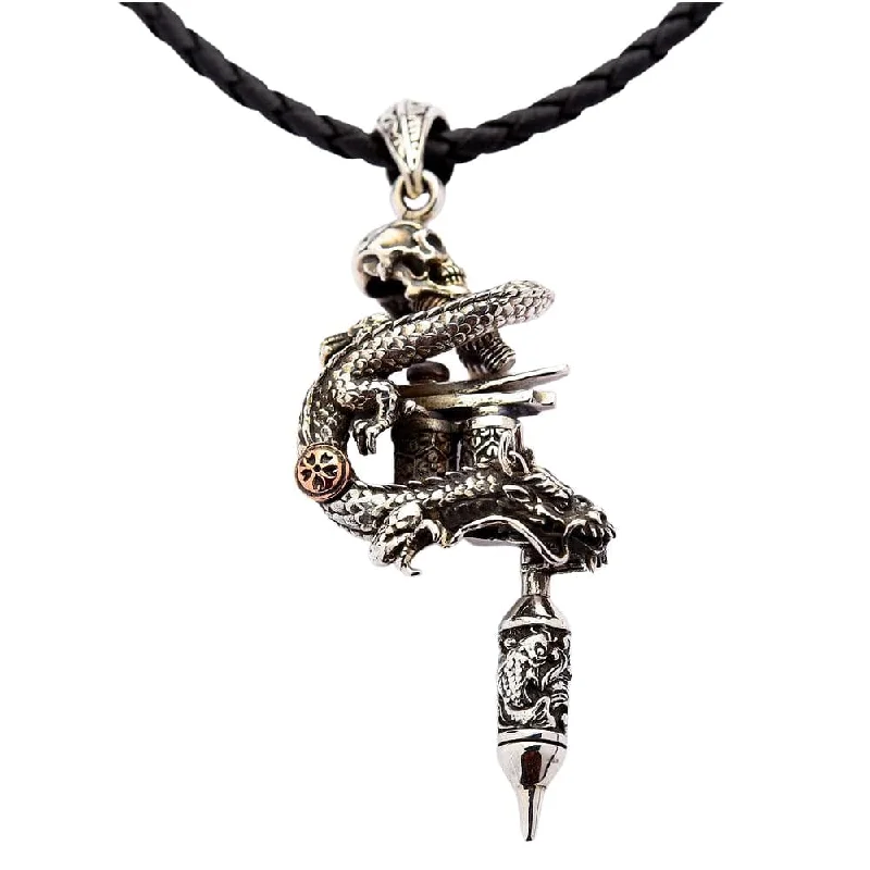 Sterling Silver Dragon Skull Tattoo Machine Gun Pendant