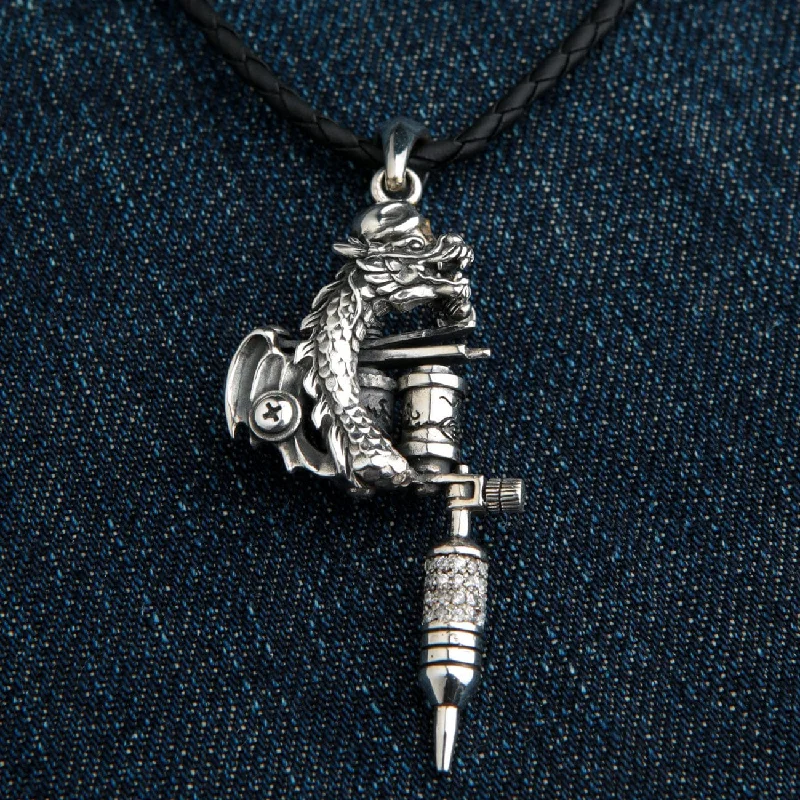 Dragon Tattoo Machine Gun Sterling Silver Biker Pendant