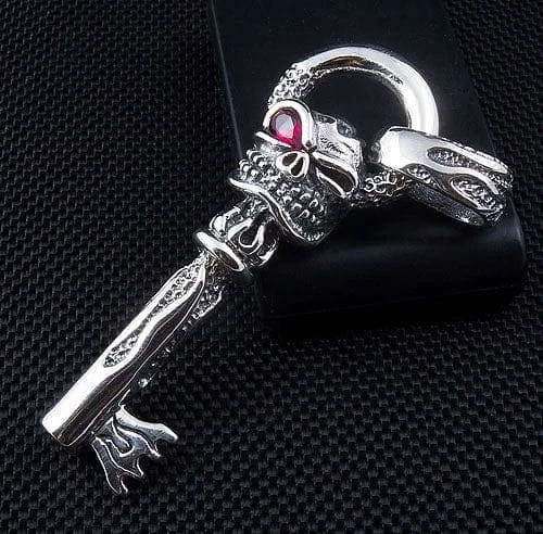 Flame Skull Key Sterling Silver Biker Pendant