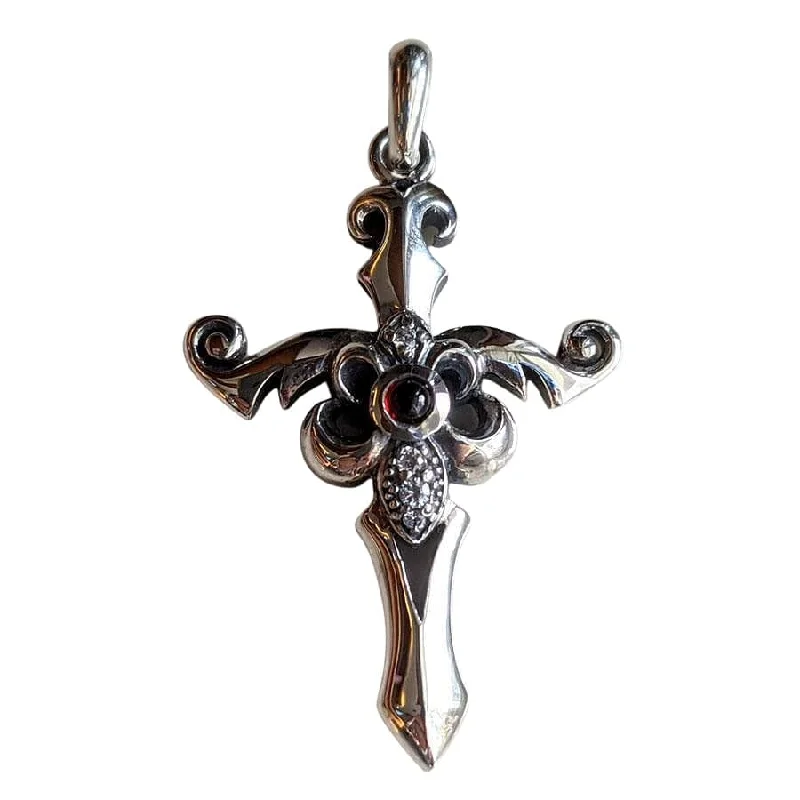 Garnet Fleur De Lis Cross Pendant