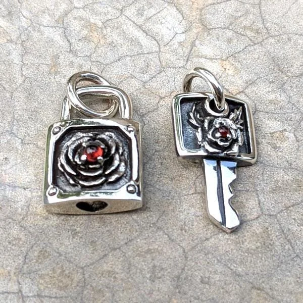 Garnet Rose Silver Lock and Key Pendant