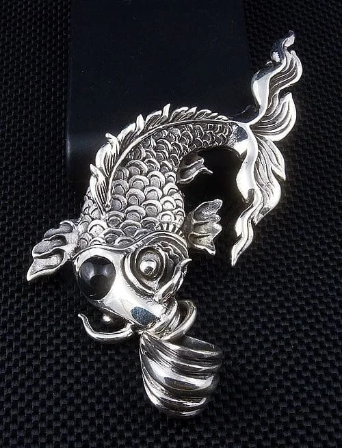 Japanese Koi Black Stone Sterling Silver Gothic Pendant