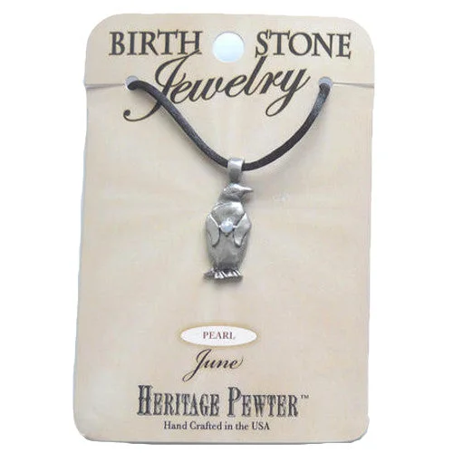 June Pewter Penguin Birthstone Pendant (Pearl)