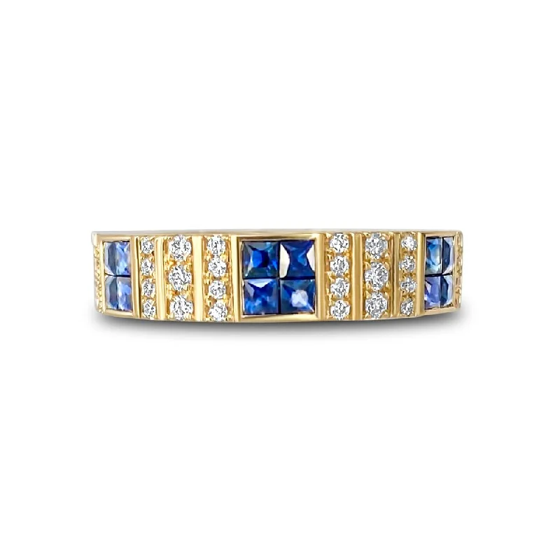 Pinstripe Strength Diamond Cigar Band Ring with Blue Sapphire