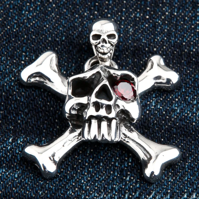 Red Eyes Skull Crossbones Sterling Silver Pendant Necklace