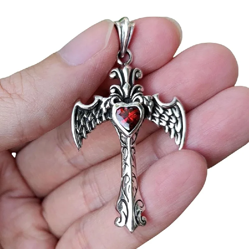 Red Garnet Angel Heart Wings Sterling Silver Gothic Pendant