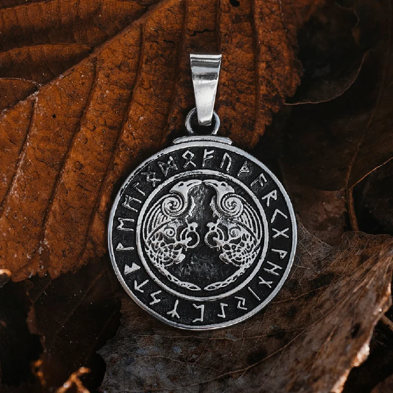 Runic Raven Pendant, Stainless Steel