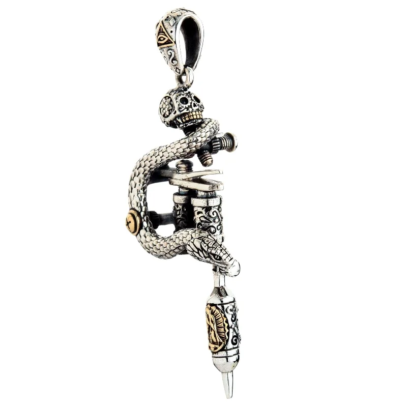 Tattoo Machine Gun Sugar Skull Sterling Silver Gothic Pendant