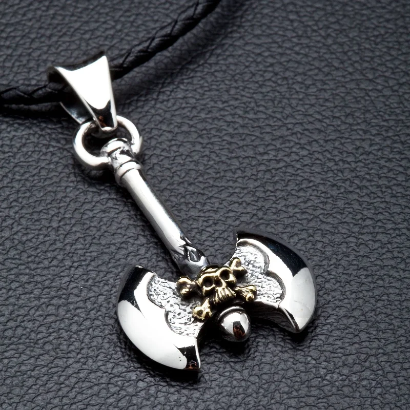 Viking Skull Axe Sterling Silver Biker Pendant Necklace